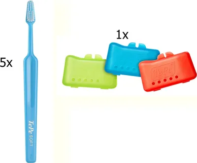 Produktbild von 5x TePe Select medium Zahnbürsten und eine Reise - Schutzkappen
