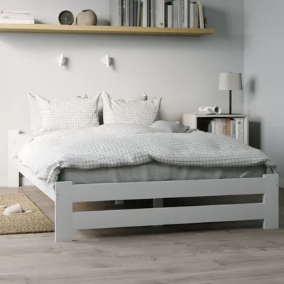 Image de Lit en bois 120x200 cm avec sommier à lattes Lit moderne en pin massif Cadre de lit double Lit en bois massif Classique | Boho Landhaus Tête de lit plate blanche