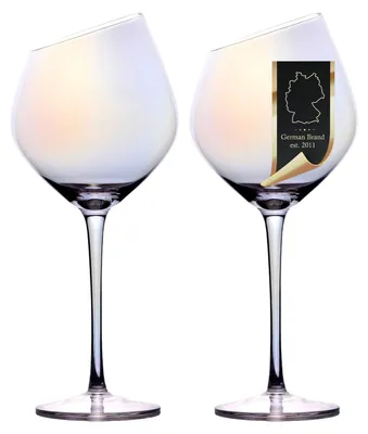 Produktbild von Intirilife 2x Wein Glas mit moderner Kante - 470 ml Füllmenge und Regenbogen Schimmer - Rotwein Glas Kelch Spülmaschinenfest Kristallglas stoßfest