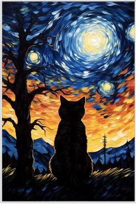 Produktbild von Wallario Wandbild Katze im Sternenlicht, Größe: 61 x 91,50 cm, Poster mit weißem Aluminiumrahmen