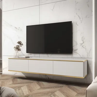 Produktbild von BETTSO Wisząca szeroka szafka RTV do salonu półka telewizyjna trzydrzwiowa nowoczesny stolik telewizyjny do salonu ORO 175 cm Fronty gładkie Biały