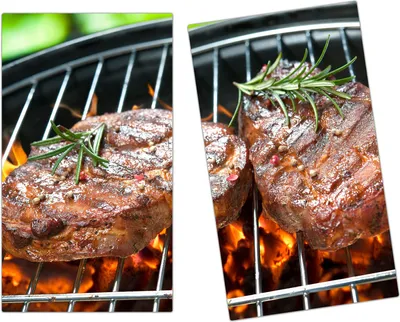 Produktbild von Spritzschutz Herdabdeckplatte Schneidebrett aus Glas Steak auf Grill 2-Teilig (60x52cm)