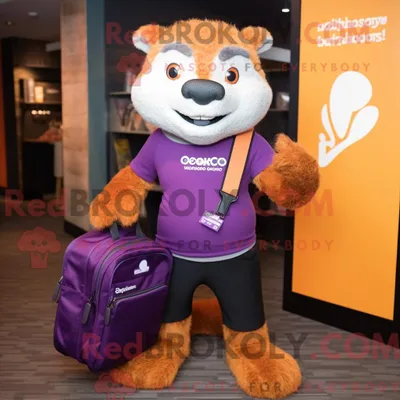 Immagine prodotto di Personaggio mascotte REDBROKOLY di una mangusta viola vestita con una maglietta grafica e una valigetta