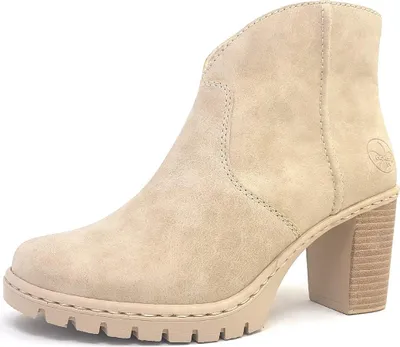 A single beige ankle boot with a block heel is shown against a white background.