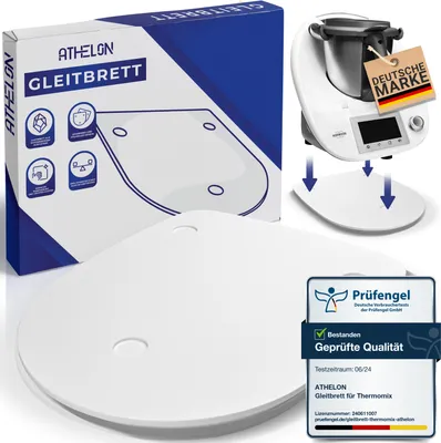 Produktbild von ATHELON® Gleitbrett (weiß), kompatibel mit Thermomix TM5 & TM6 [aus hochwertigem Acrylstein] - rutschfestes Rollbrett mit ergonomischen Griffmulden