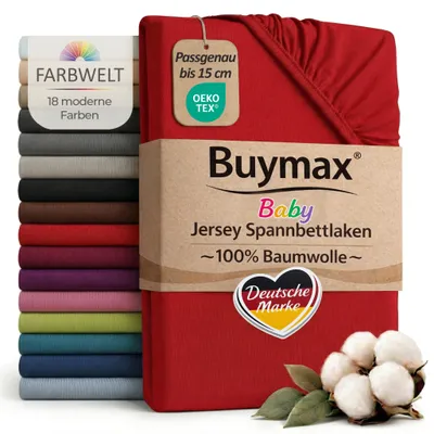 Produktbild von Buymax Baby Spannbettlaken 60x120 cm Rot, Jersey 100% Baumwolle, Kinderbett Bettlaken, bis 15 cm Matratzenhöhe
