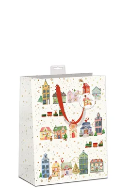 Produktbild von Weihnachts-Geschenktragetasche, Häuser, bunt, 230 × 180 × 100 mm, Goldfolie