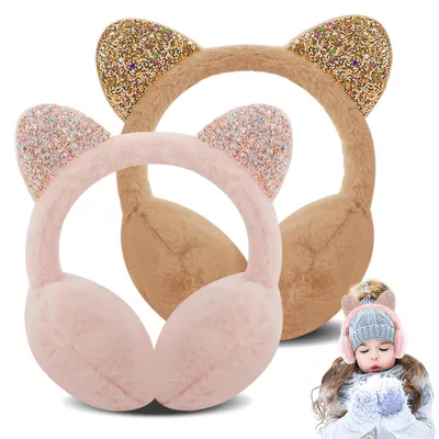 Productafbeelding van Oorkappen voor meisjes, 2 stuks, zachte pluche, met een cartoonkattenmotief, geschikt voor de winter