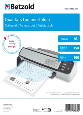 Produktbild von Betzold Laminierfolien DIN A3, 100 Stück, glänzend oder matt, Stärke: 150 mic, Oberfläche: glänzend