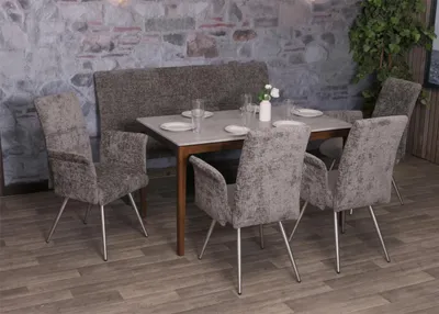 Produktbild von Esszimmer-Set MCW-G55, 4er-Set Stuhl mit Armlehne+Sitzbank 160cm, Edelstahl gebürstet Stoff/Textil Chenille  dunkelgrau
