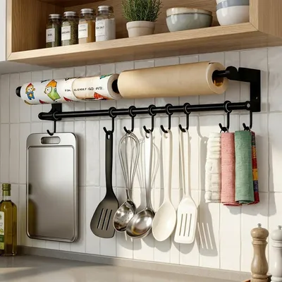 Obrázek produktu pro Kuchyňská lišta s 8 háčky, délka 80 cm, ocel, černá barva
