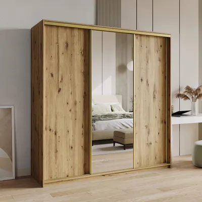 Produktbild von Masseno Schiebetürenschrank TAVI 180/205/60 cm Kleiderschrank mit 4 Schubladen Schlafzimmer Schrank 3-türig mit Spiegel Eiche Artisan