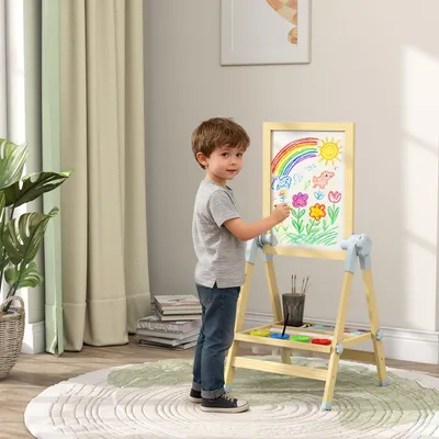 Produktbild von Kinder Staffelei Holz, doppelseitig Kreide & Whiteboard, höhenverstellbar, Staffelei mit Papierrolle | 48,5 x 46,5 x 97 cm | Naturholz