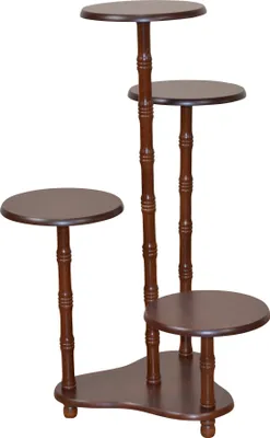 A dark brown, multi-tiered plant stand with a curved base.