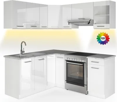Produktbild von Eckküche Vicco Rick Weiß Hochglanz/Weiß 187 x 60 cm , AP Marmor mit LED-Leisten, Model 51907