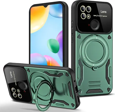 Image de Étui durable pour Xiaomi Redmi 10C, étui à deux couches avec support d'anneau et support vert