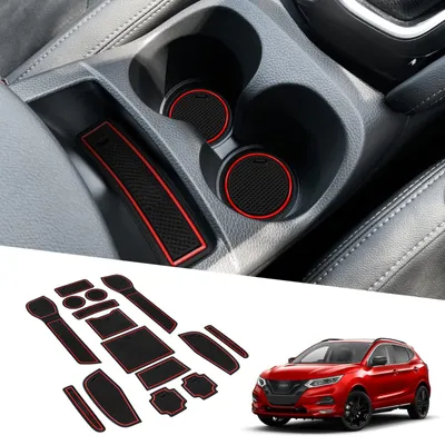 Produktbild von Kompatibel mit Nissan Qashqai J11 2019 2020 2021: Antirutschmatten für die Mittelkonsole, Armlehne, Getränkehalter, Antirutschmatten für die Türlüftungsschlitze, 15 Stück rot.