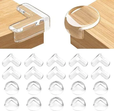 Obrázek produktu pro Unyqoos® Sada 20 kusů průhledných ochranných rohů pro nábytek – PVC rohy (kulaté a ve tvaru L), bezpečné pro děti, s oboustrannou lepicí páskou