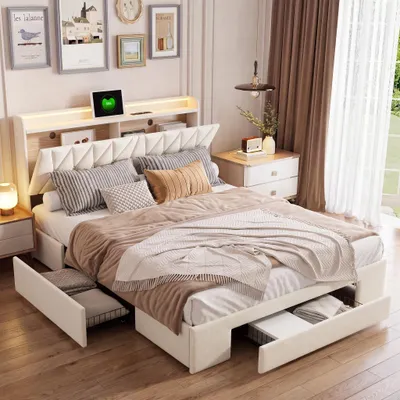 Image de Lit tapissier INONEFT 140x200 cm avec port USB, lit pour adolescents/lit double avec 3 tiroirs, lit coffre en bois massif avec LED et sommier à lattes, velours, beige