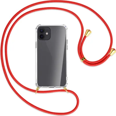 Produktbild von Handykette Backcover-Schutzhülle mit Band (Metall goldfarben) für Apple iPhone 12, 12 Pro - rot