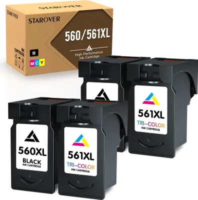 A box of printer ink cartridges and several cartridges are displayed.