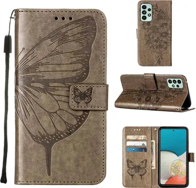 Produktbild von Galaxy A53 5G Hülle, Schmetterling Prägung Flip Leder Kartenfächer Schutzhülle Ledertasche mit Ständer für Samsung Galaxy A53 5G Grau