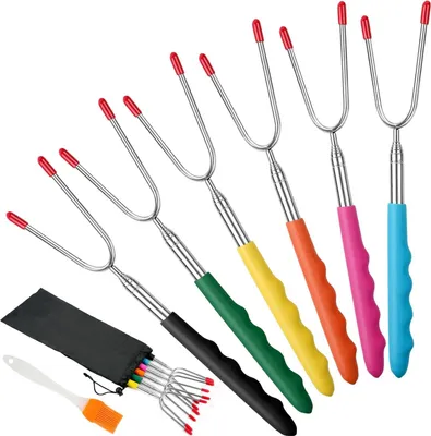 Imagen del producto de Juego de 6 brochetas de acero inoxidable telescópicas para malvaviscos, con mangos de colores, ideales para barbacoas y fogatas