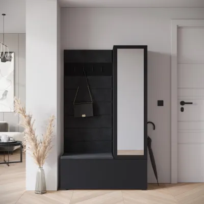 Image de MINIO go for it, armoire TOKAT II avec miroir, meuble à chaussures, tringle à vêtements et panneaux muraux rembourrés, 115 x 192 x 37,5 cm, couleur noire