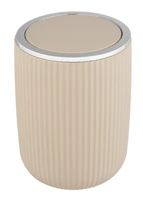 A beige trash can with a silver rim and lid, shown from a front-facing angle against a white background.