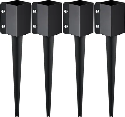 Produktbild von Erdspieß für Zaunpfosten, 4er-Pack, 113 x 113 x 610 mm Außendurchmesser (Innendurchmesser 8,9 x 8,9 cm), Metall, schwarz pulverbeschichtet, Erdspieß für Briefkästen, Terrassen, Gartengeländer