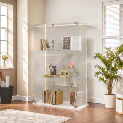 Produktbild von ProximaX Doppeltür-Glasvitrine mit 3 Ebenen, LED-Beleuchtung, weißer Boden, hochtransparentes gehärtetes Glas, einfache Montage, stilvolle Präsentation