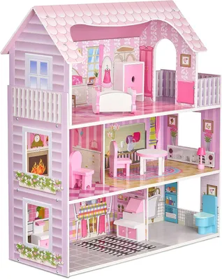 Produktbild von Balinco PUPPENHAUS Holz, 3 Etagen, 5 Zimmer bestehend aus Wohn- & Schlafzimmer, Balkon, Küche, Bad & Toilette. Inkl. Miniatur Möbel, Holzspielzeug