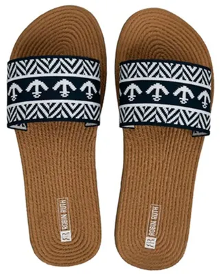 Produktbild von Robin Ruth Damen Slipper Sandale mit flacher Sohle - Badeschuhe Badelatsche in Braun-Weiß Größe 42/43