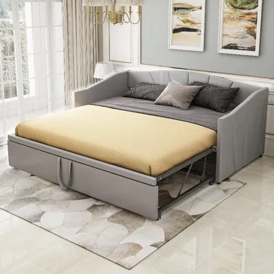 Obrázek produktu pro Rozkládací pohovka 90x200 až 180x200 cm s roštovou konstrukcí, čalouněná sametovou látkou v šedé barvě, s opěradlem a područkami