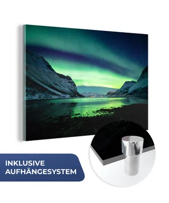 Obrázok produktu pre MuchoWow® Sklenené obrazy - Obrazy na stenu - Foto na skle Polárna žiara - Nórsko - Ľad - Žltá - Hory - Voda - Sneh 120x80cm Nástenná dekorácia zo skla -