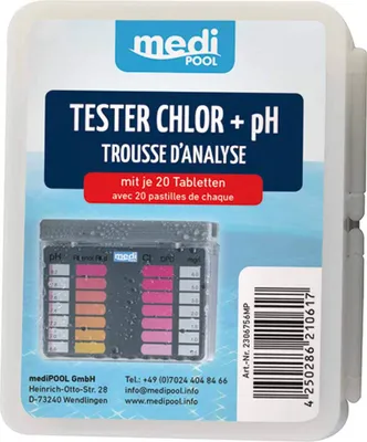 Produktbild von mediPOOL Tester Chlor/pH Pooltester mit 2x 20 Tabletten, Testtabletten, Testgerät