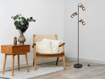 Produktbild von Trio Leuchten - Industrie I Vintage I Industrie I Vintage I Stehlampe schwarz mit Holz 3-Licht - Manon I Wohnzimmer I Schlafzimmer - Stahl Länglich - LED geeignet E14