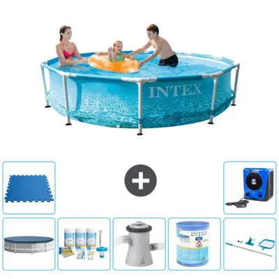 Produktbild von Intex-Schwimmbecken mit rundem Rahmen – 305 x 76 cm – Wasserdruck – im Lieferumfang enthalten Abdeckung - Wartungspaket - Filterpumpe für Schwimmbad - Filter - Reinigungskit - Bodenfliesen