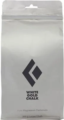 Verpackung von Loose Chalk von Black Diamond; 400 g; für Kletterer; in silberner Tüte mit schwarzem Logo.