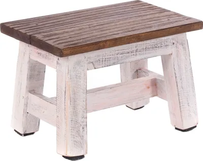 A small wooden stool with a distressed white base and a natural wood top.
