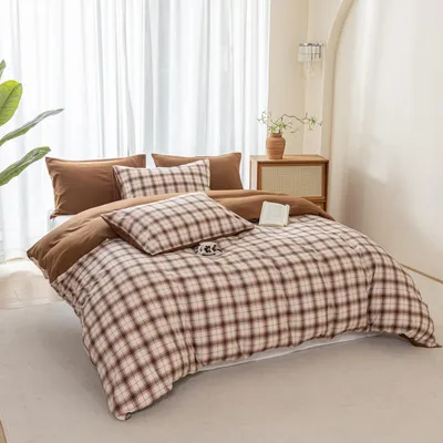 Productafbeelding van Bettenset, 4-delig, 135x200 cm, geruit, bruin, microvezel, met rits. Kussenslopen: 80x80 cm