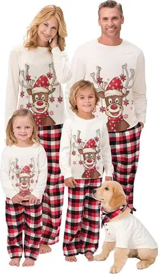 Produktbild von Heikoeco® Weihnachtsmodelle: Langärmlige Homewear-Pyjamas für die ganze Familie Männer und Frauen Kinder Pyjamas Elch und Karo Druck für, Kind-XL