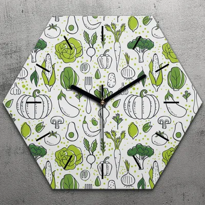Produktbild von Uhr hexagonal 40 cm Glas Geräuschlos schwarze Zeiger - Frisches Gemüse