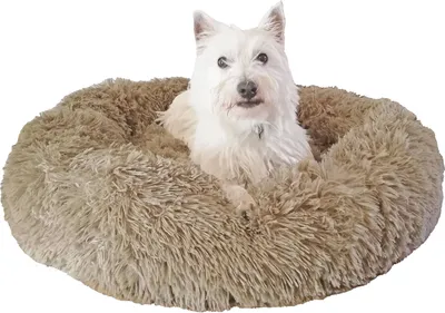 Produktbild von Hundebett Katzenbett Donut, 60 cm rund, hellbraun mit kuscheligen Langhaarplüsch