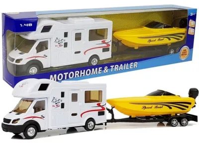 Produktbild von Wohnmobile mit gelbem Motorboot und 1:48-Reibungsantrieb