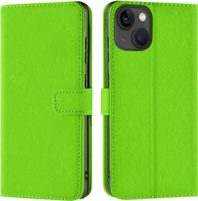 A bright green flip case for a smartphone, shown from two angles.