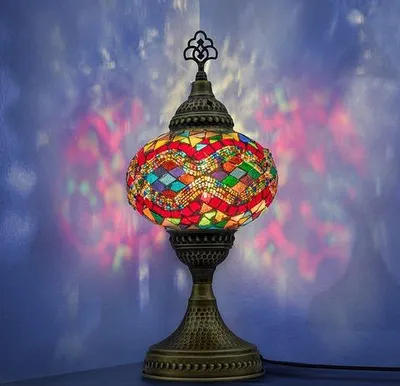 Zdjęcie produktu dla Lampa Mozaiek – ręcznie wykonana lampka nocna do dekoracji orientalnej, lampa stołowa z grubego szkła z mosiężną podstawą