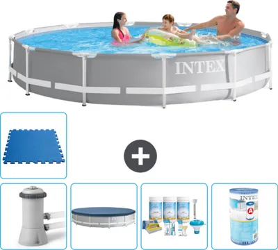 Produktbild von Intex Round Prism Frame Swimming Pool – 366 x 76 cm – Grau – inklusive Pumpe Abdeckung - Wartungspaket - Filter - Bodenfliesen