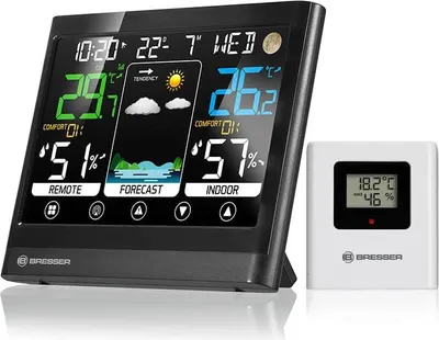A digital weather station with a separate outdoor sensor unit, displayed on a white background.
