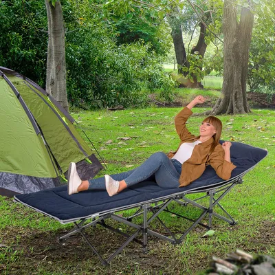 Produktbild von SUGIFT Feldbett mit Kopfkissen & Seitentasche, Campingbett klappbar bis 150 kg, Stahl 600D Oxford, Dunkelblau+Grau | 7,9 kg | 188 x 64,5 x 53 cm